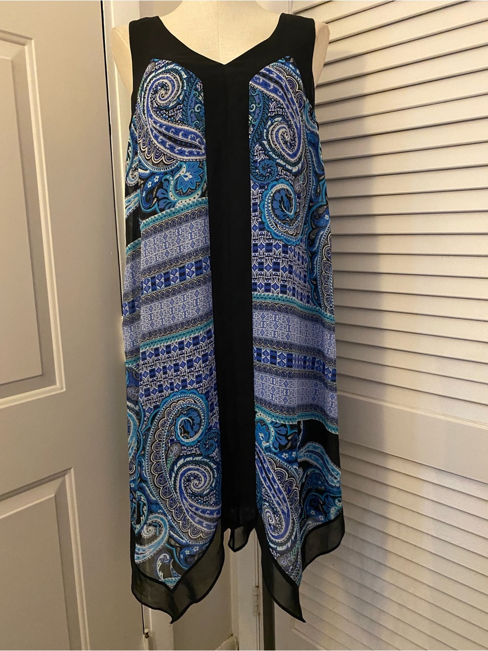AB Studio Blue Paisley Mini Dress with Black Panels- Size Medium